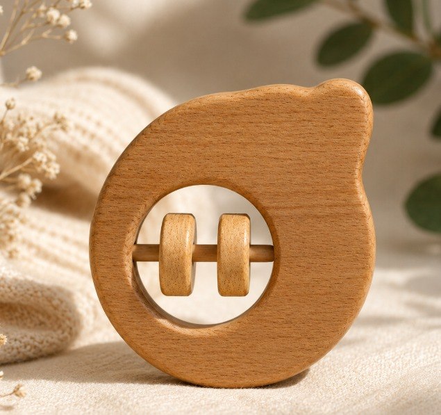 Wooden Cat-Shaped Baby Rattle – Natural Wood Sensory Teething & Grasping Toy