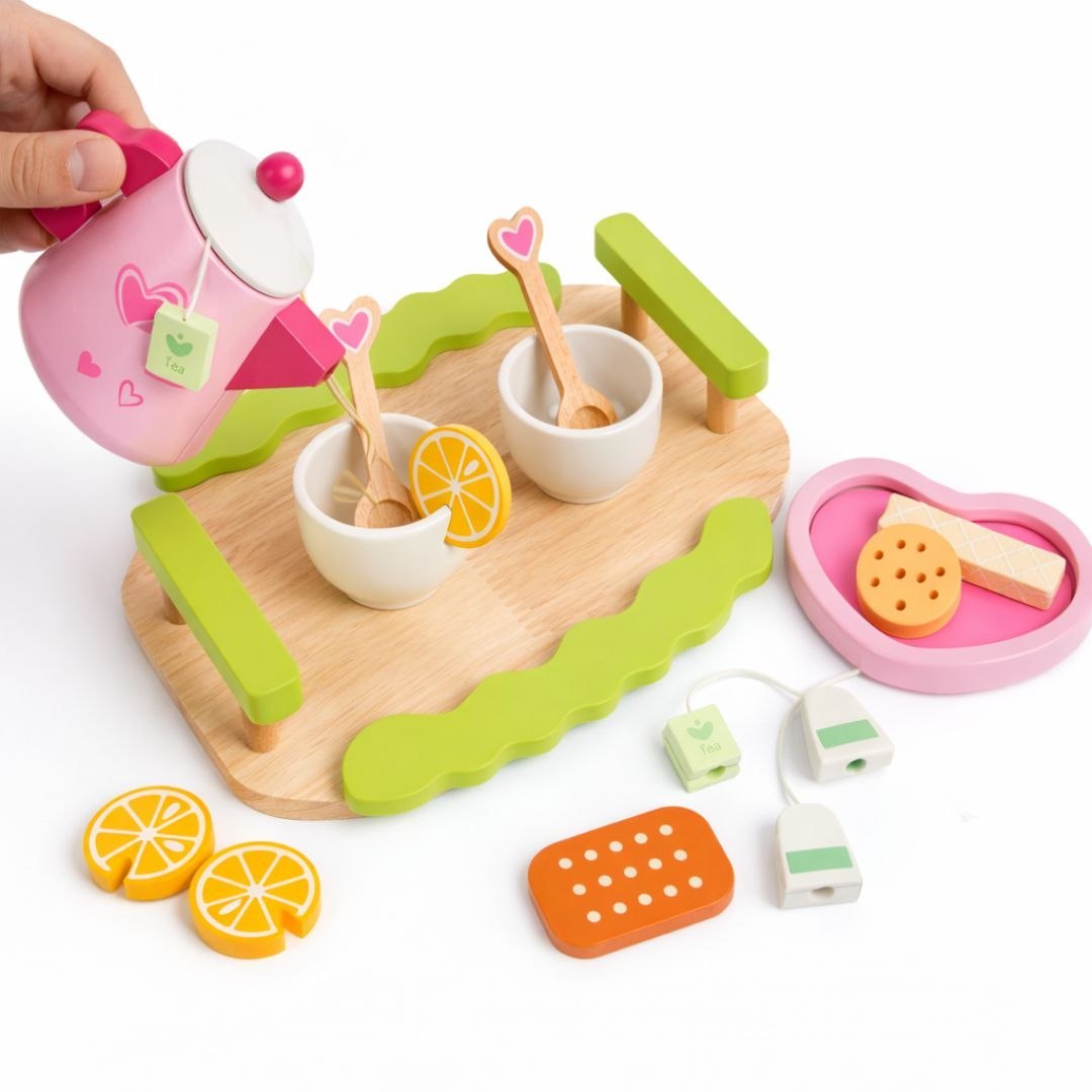 Kids Wooden Tea Party Set – Pretend Play Tea Set with Tray, Teapot & Accessories