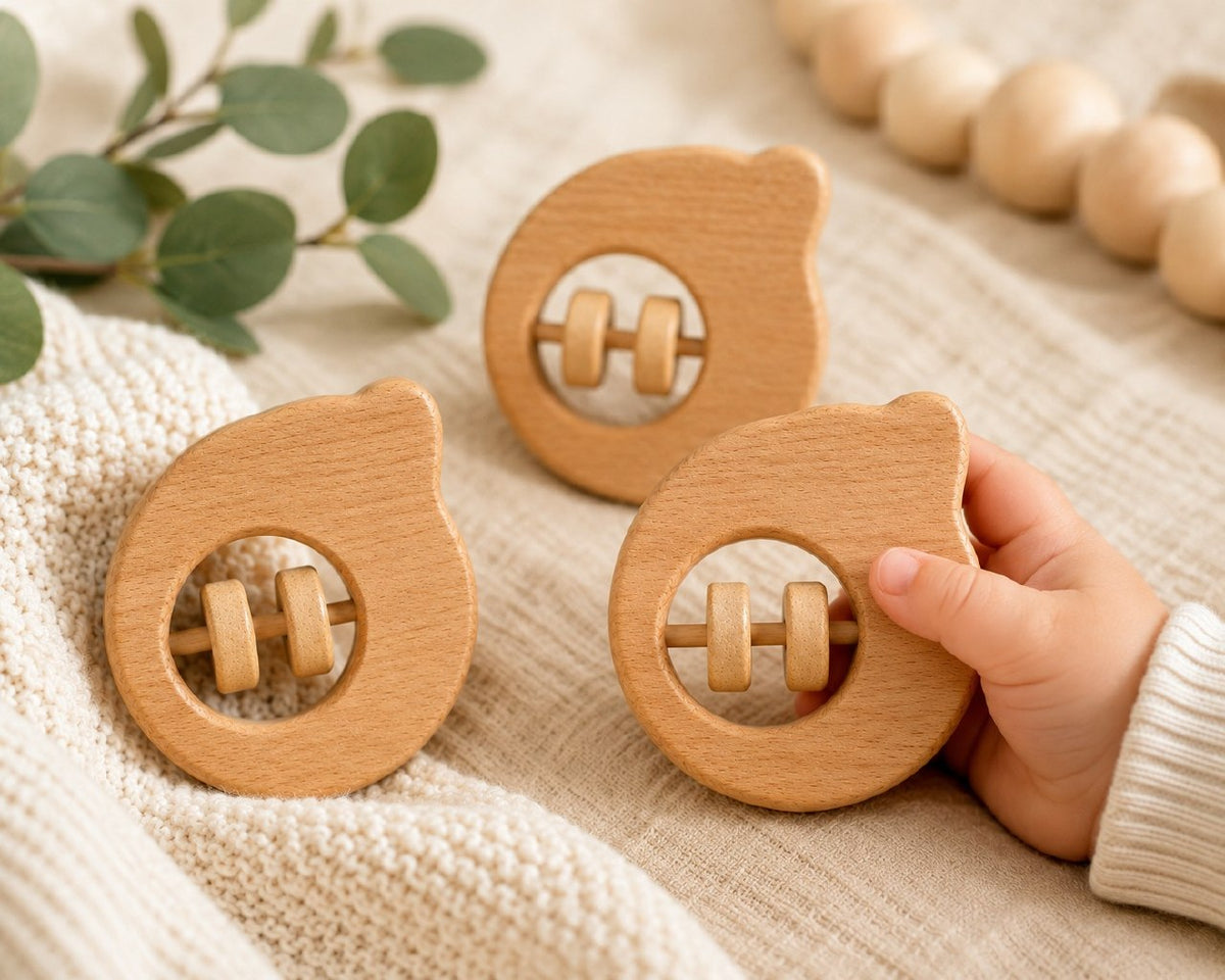 Wooden Cat-Shaped Baby Rattle – Natural Wood Sensory Teething & Grasping Toy