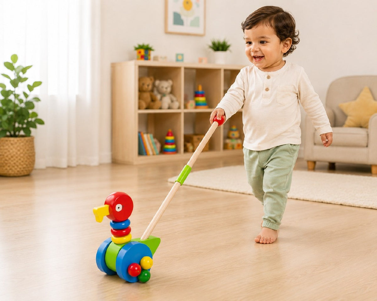 Wooden Pull-Along Duck Toy with Colourful Beads – 52 cm