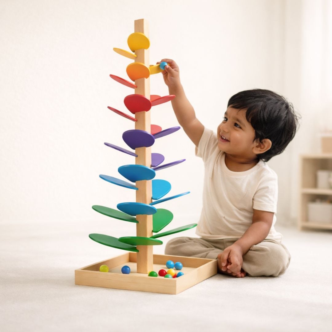 Wooden Rainbow Ball Drop Tree Toy – Montessori Stacking & Color Recognition Activity Game for Kids