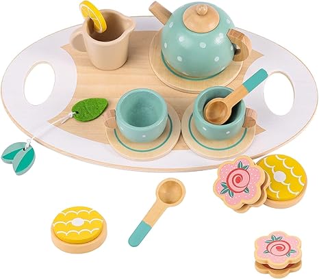 Wooden Tea Party Set for Kids – Pretend Play Tea Set with Teapot, Cups, Spoons, Treats & Serving Tray