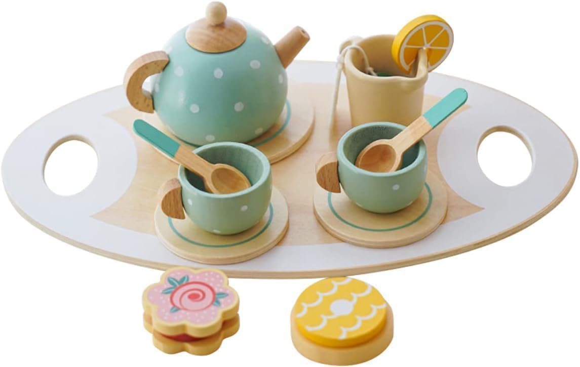 Wooden Tea Party Set for Kids – Pretend Play Tea Set with Teapot, Cups, Spoons, Treats & Serving Tray