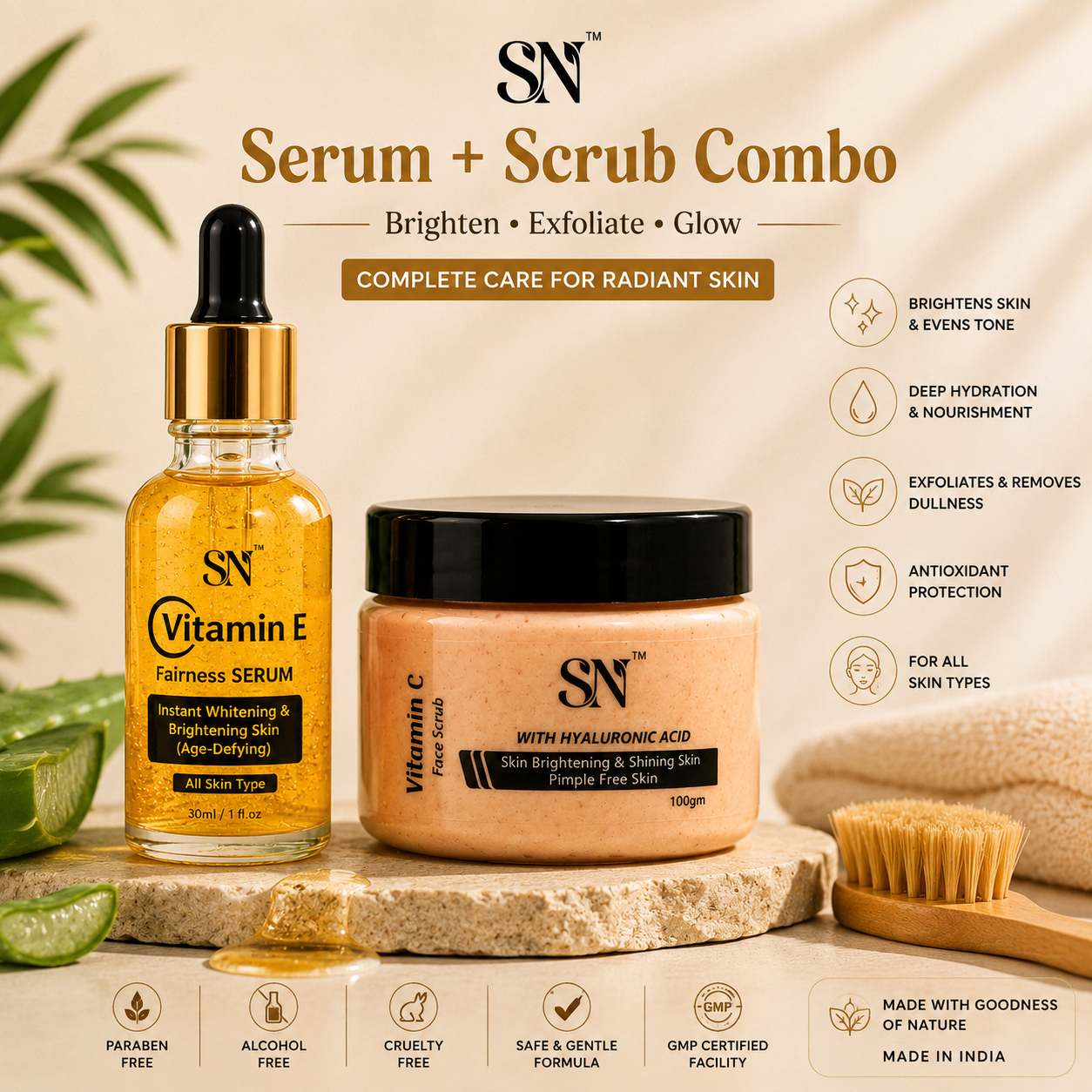 SN Glow Duo Combo – Vitamin E Fairness Serum (30ml) + Vitamin C Face Scrub (100g) | Brightening & Radiant Skin Care Kit